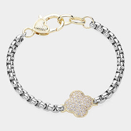 14K Gold Plated Two Tone Paved Clover Bracelet