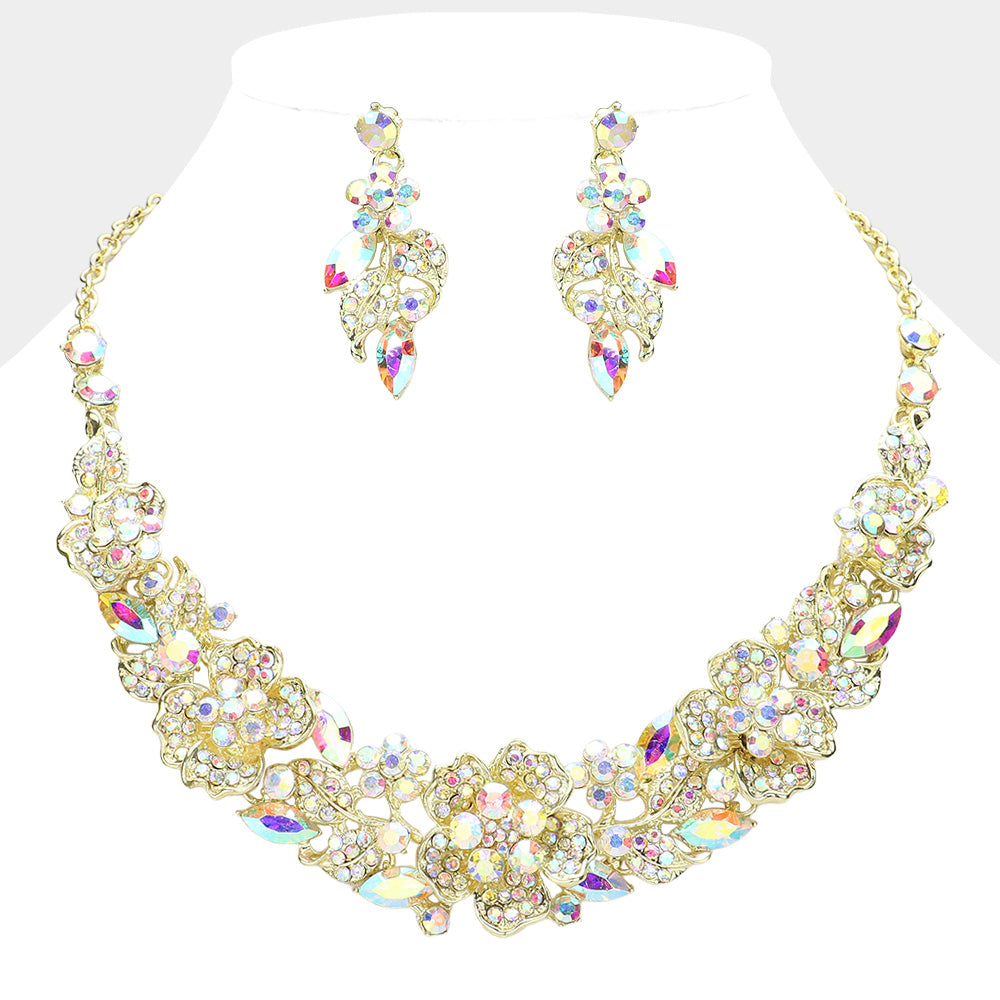 Rhinestone Paved Flower Necklace Set