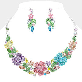 Rhinestone Paved Flower Necklace Set